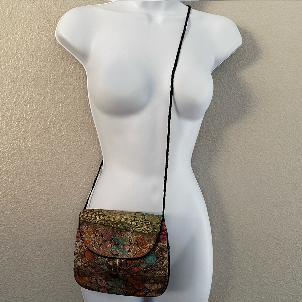 Vintage Embroidered Crossbody Bag Silk Blend Bohemian Boho Chic Hippie Festival